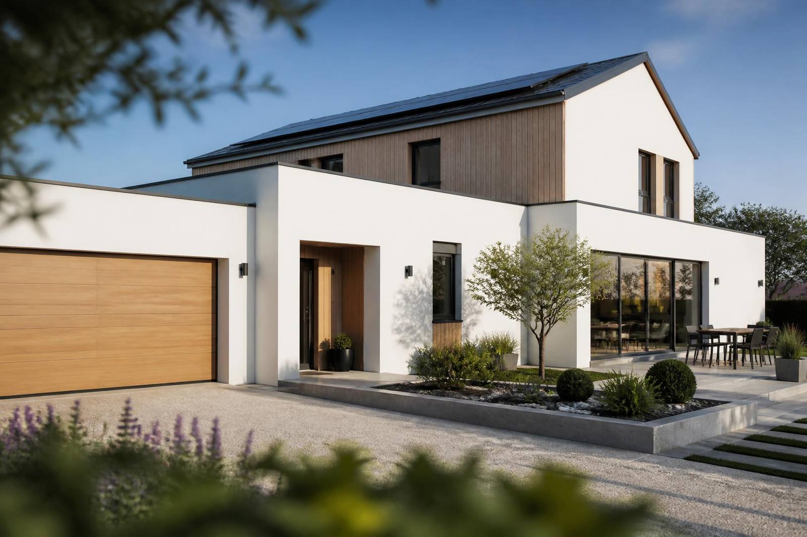Maison moderne en cours de rénovation énergétique avec isolation extérieure, panneaux solaires et pompe à chaleur
